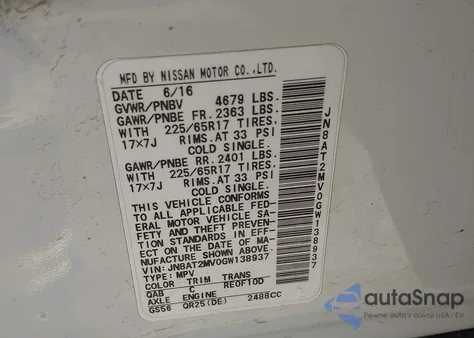 2016 Nissan Rogue Sv z USA, uszkodzony, nr VIN JN8AT2MV0GW138937